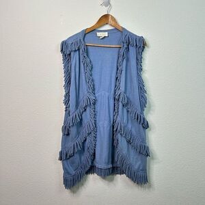 Cache Vintage Blue Fringe Open Front‎ Festival Sleeveless Vest Cardigan One Size